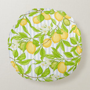 Lemon Tree Branch: Striped Seamless Pattern Round Cushion