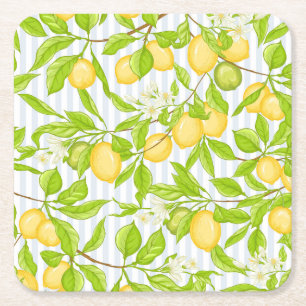 Lemon Tree Branch: Striped Seamless Pattern Square Paper Coaster