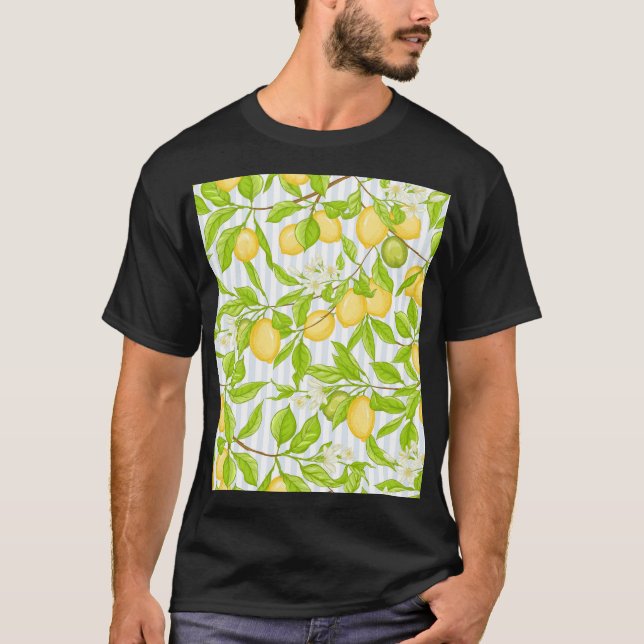 Lemon Tree Branch: Striped Seamless Pattern T-Shirt (Front)