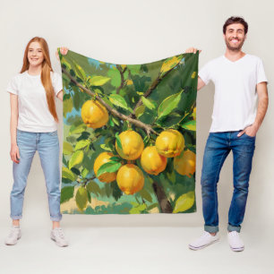 Lemon Tree Branch with Bright Yellow Fruit Fleece Blanket