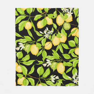 Lemon tree branch with lemons, flowers and leaves. fleece blanket