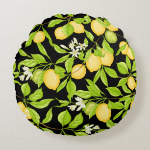 Lemon tree branch with lemons, flowers and leaves. round cushion
