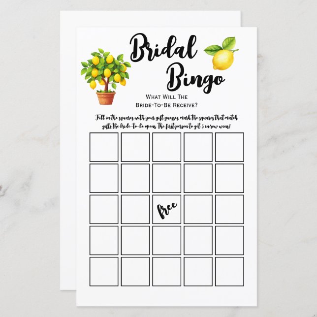Lemon Tree Citrus Bridal Shower Bingo Party Game (Front/Back)