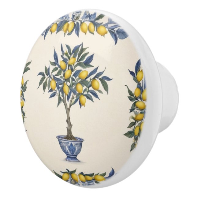 Lemon Tree in Blue and White Pot Lemons Ceramic Knob (Right)