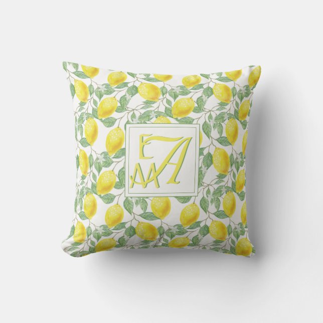 Lemon Tree Monogram Pattern Yellow Green Decor Cushion (Front)