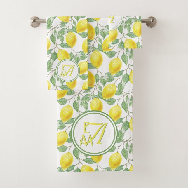 Lemon Tree Monogrammed Pattern Yellow Green Decor Bath Towel Set (Insitu)