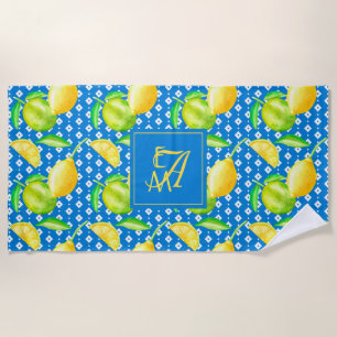 Lemon Tree Ocean Blue MONOGRAM Newlyweds Wedding Beach Towel