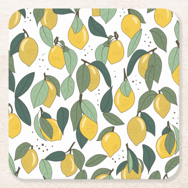 Lemon Tropical: Bright Vintage Seamless Square Paper Coaster (Front)