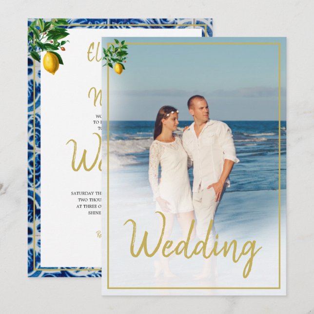 Lemon Tuscan Tile Blue White Photo Wedding Invitation (Front/Back)