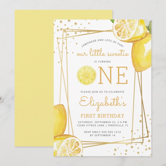 Lemon Watercolor 1st Birthday Party Invitation (Front/Back)