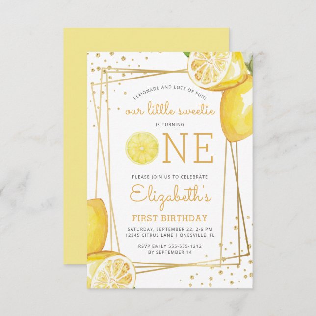 Lemon Watercolor 1st Birthday Party Invitation (Front/Back)