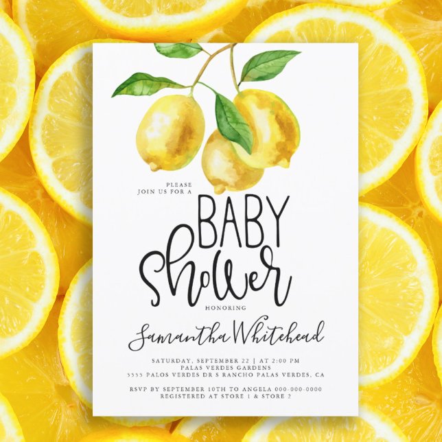 Lemon Watercolor Baby Shower Invitation (Lemon Drop Watercolor baby shower summer citrus invitation. Elegant typography on fruit invite.)