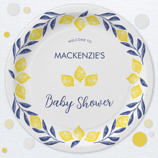 Lemon Watercolor Baby Shower Personalised Paper Plate (Blue yellow and white citrus lemon Mediterranean themed baby shower paper plate)