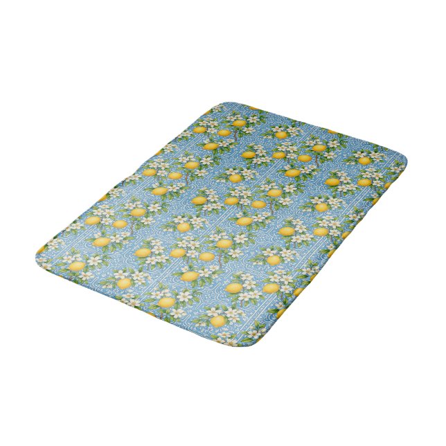 Lemon Watercolor Blue Mediterranean Tile Pattern Bath Mat (Angled)