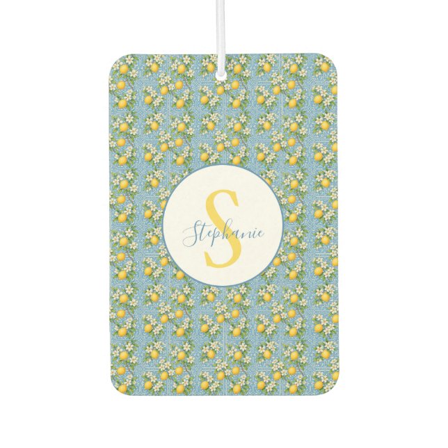 Lemon Watercolor Blue Mediterranean Tile Pattern Car Air Freshener (Front)