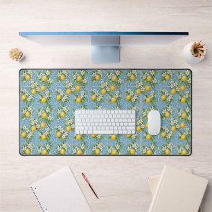 Lemon Watercolor Blue Mediterranean Tile Pattern Desk Mat