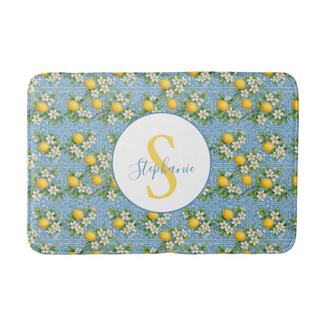Lemon Watercolor Blue Tile Pattern Personalized Bath Mat (Front)