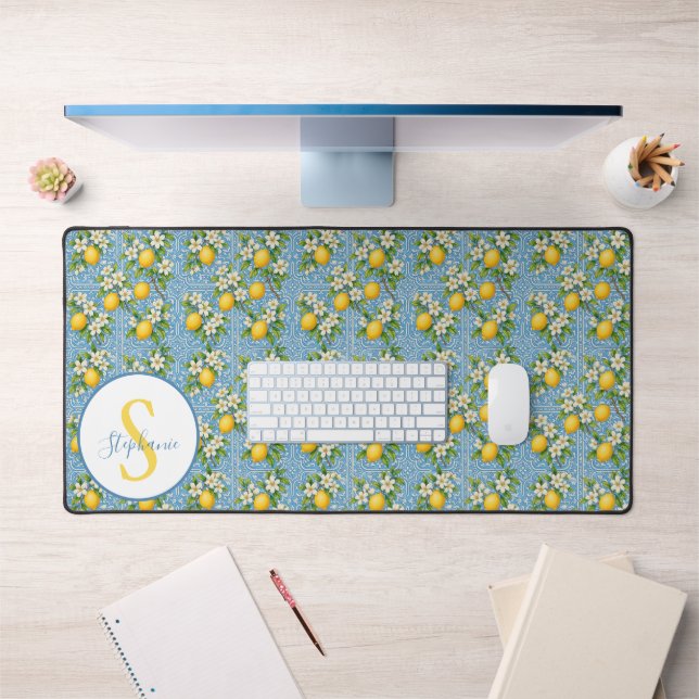 Lemon Watercolor Blue Tile Pattern Personalized Desk Mat (Office 1)