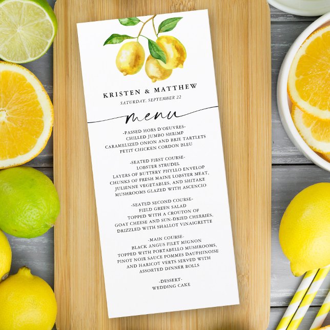 Lemon Watercolor Citrus Menu (Our lemon watercolor menu card is the perfect way to keep your guests informed on the food.)