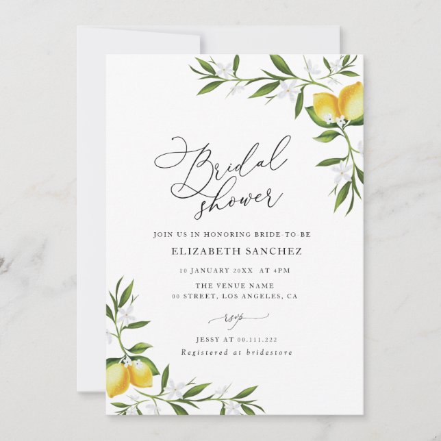  lemon watercolor greenery floral bridal shower invitation (Front)