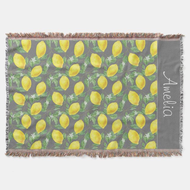  Lemon watercolor grey pattern cute girl name Throw Blanket (Front)