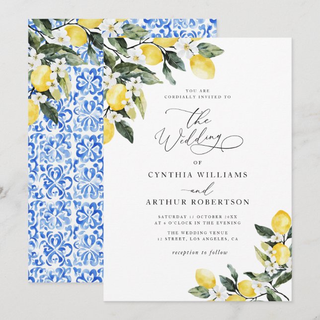 lemon watercolor mediterranean blue wedding invitation (Front/Back)