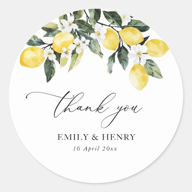 lemon watercolor mediterrenean wedding thank you classic round sticker (Front)
