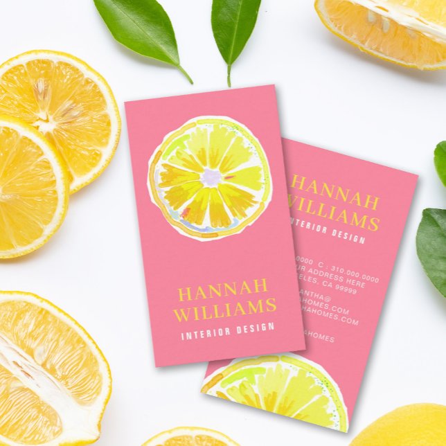 Lemon Watercolor Modern Pink Background Business Card (Creator Uploaded)