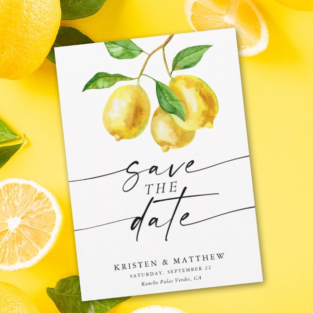 Lemon Watercolor Modern Wedding Save The Date (Capture the essence of summer with our lemon watercolor save the date.)