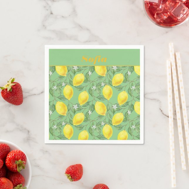 Lemon watercolor pattern custom yellow green napkin (Insitu)