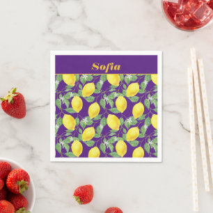Lemon watercolor pattern custom yellow purple napkin