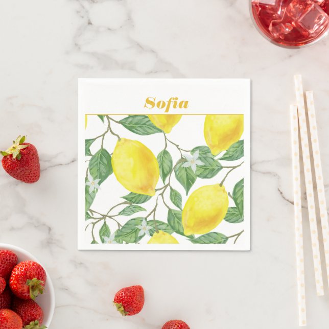 Lemon watercolor pattern custom yellow white napkin (Insitu)