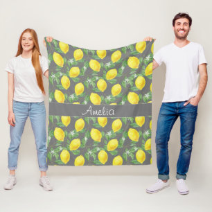 Lemon watercolor pattern cute girl grey fleece blanket