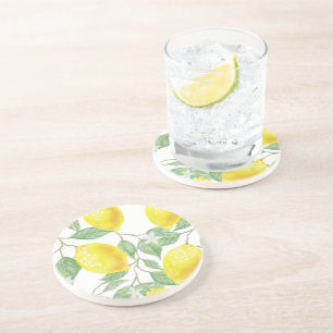 Lemon Watercolor Pattern Stone Coaster