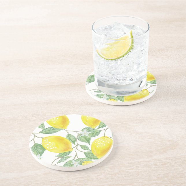  Lemon  Watercolor Pattern Stone Coaster (Side)