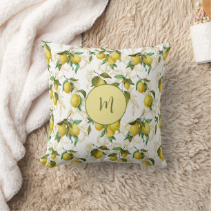 Lemon Watercolor Pattern with Initial Monogram Cushion