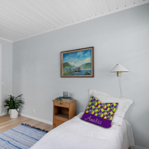 Lemon watercolor pattern yellow purple cushion