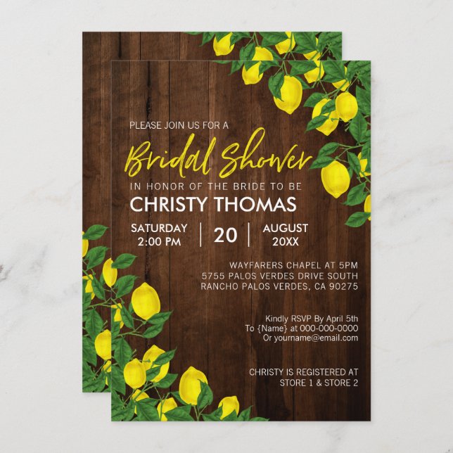 Lemon Watercolor Rustic Wood Bridal Shower Invitation (Front/Back)