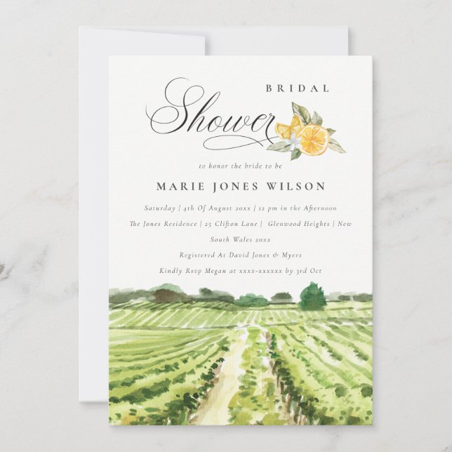 Lemon Watercolor Winery Vineyard Bridal Shower Invitation (Front)