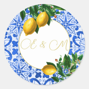 Lemon Wedding Blue Tile Monogram Summer Classic Round Sticker