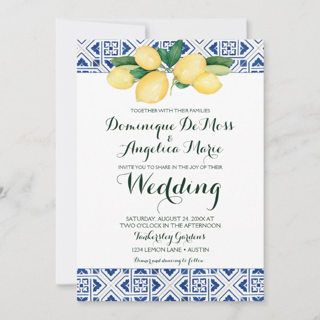 Lemon Wedding Blue White Mediterranean Tile Invitation (Front)