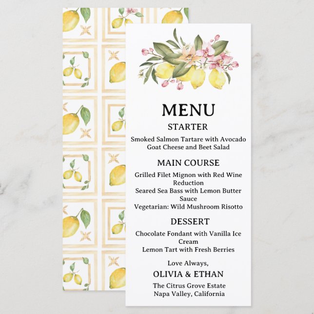 Lemon Wedding  Citrus Brunch Wedding Menu (Front/Back)