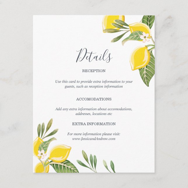 Lemon Wedding Guest Information Card Insert Citrus (Front)