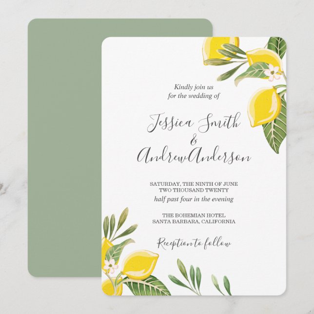 Lemon Wedding Invitation Bohemian Flowers Citrus (Front/Back)