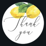 Lemon Wedding Script Thank You | Rustic Citrus Classic Round Sticker<br><div class="desc">Add a cheerful finishing touch to your wedding favours, envelopes, or gift bags with this elegant lemon grove thank you sticker. Featuring watercolor lemons, lush green leaves, and graceful script typography, this design combines rustic charm with fresh Mediterranean style. Perfect for summer garden weddings, vineyard receptions, seaside ceremonies, or Amalfi...</div>