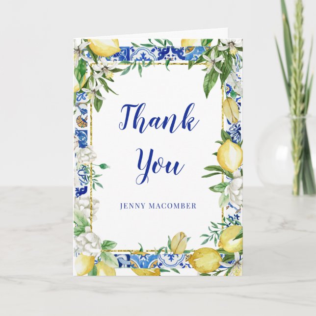 Lemon White Floral Blue Mosaic Tile Folded Thank You Card (Front)