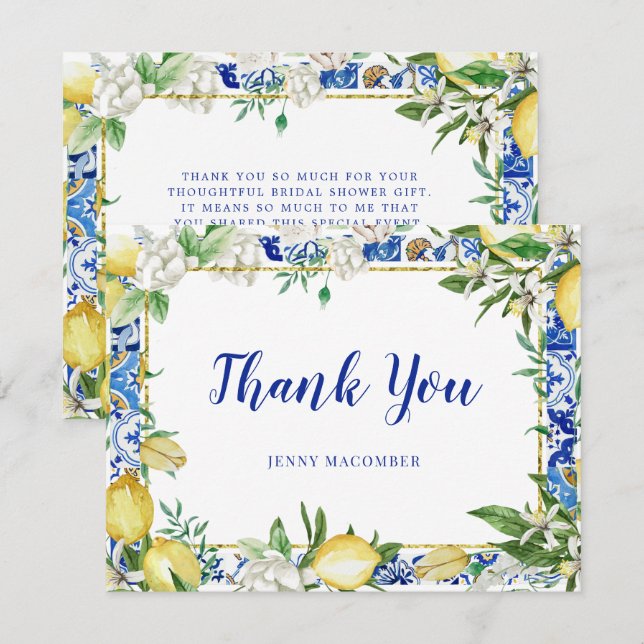 Lemon White Floral Blue Mosaic Tile Thank You Card (Front/Back)