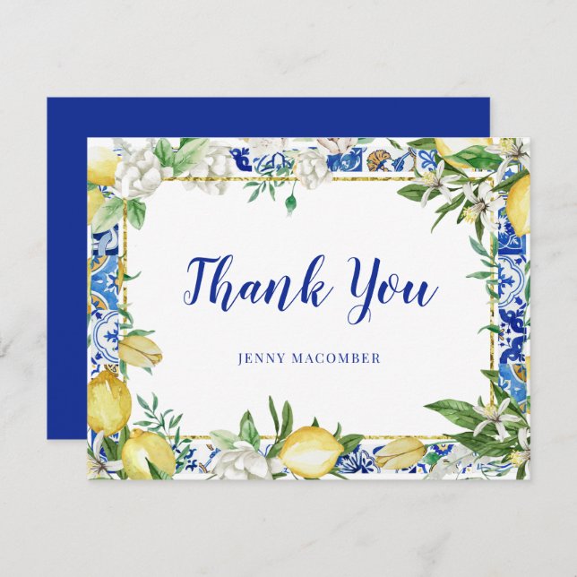 Lemon White Floral Blue Mosaic Tile Thank You Card (Front/Back)