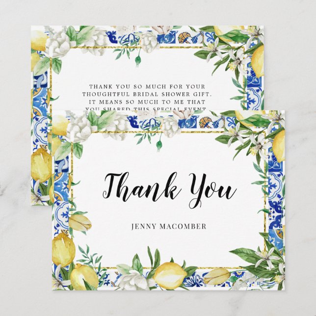 Lemon White Floral Blue Mosaic Tile Thank You Card (Front/Back)
