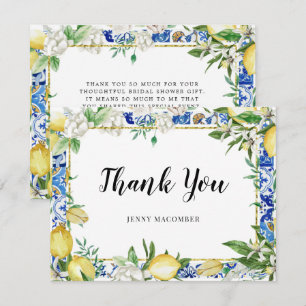 Lemon White Floral Blue Mosaic Tile Thank You Card